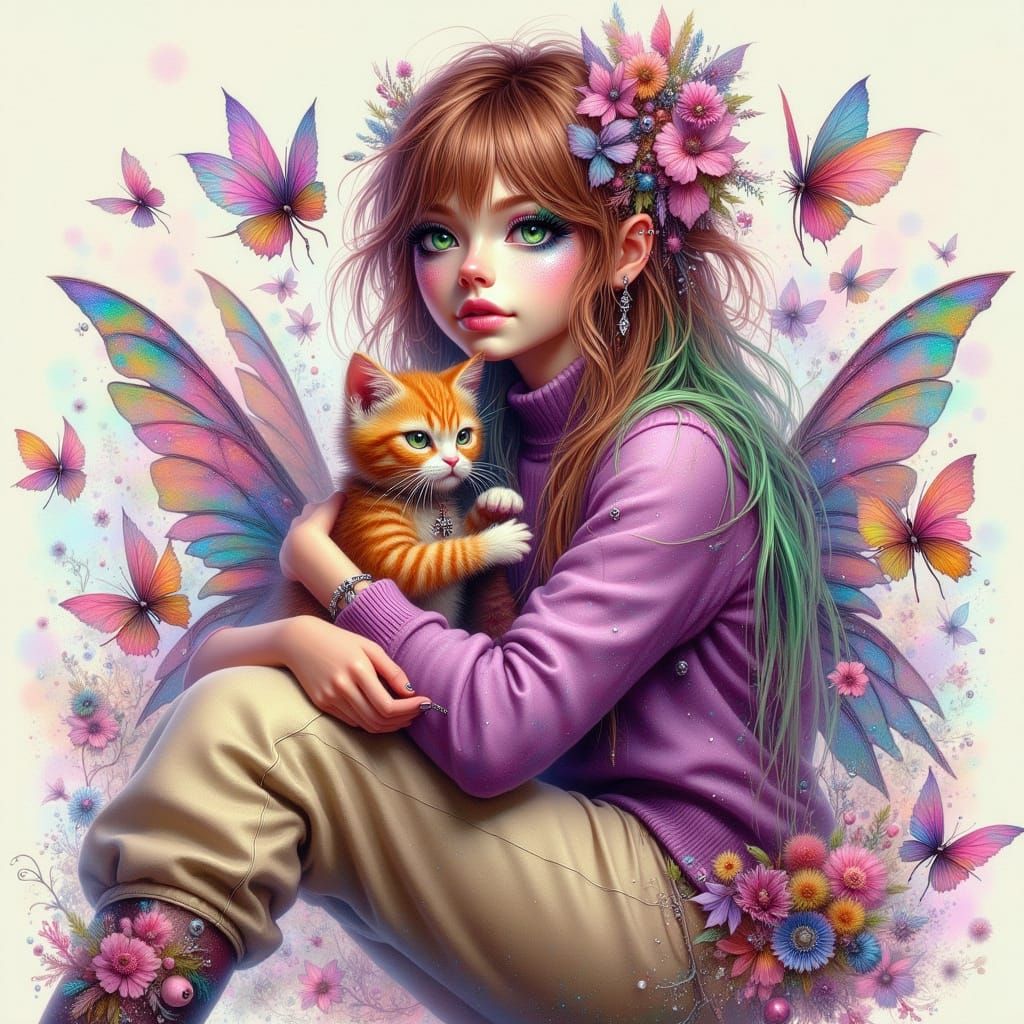 Modern Woman Holding Cat, Inspired by Hockney & Riley