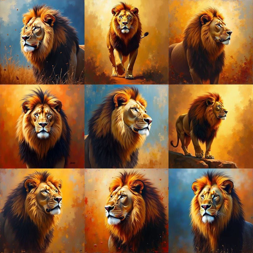 Majestic Male Lion Abstract Background Oil Painting