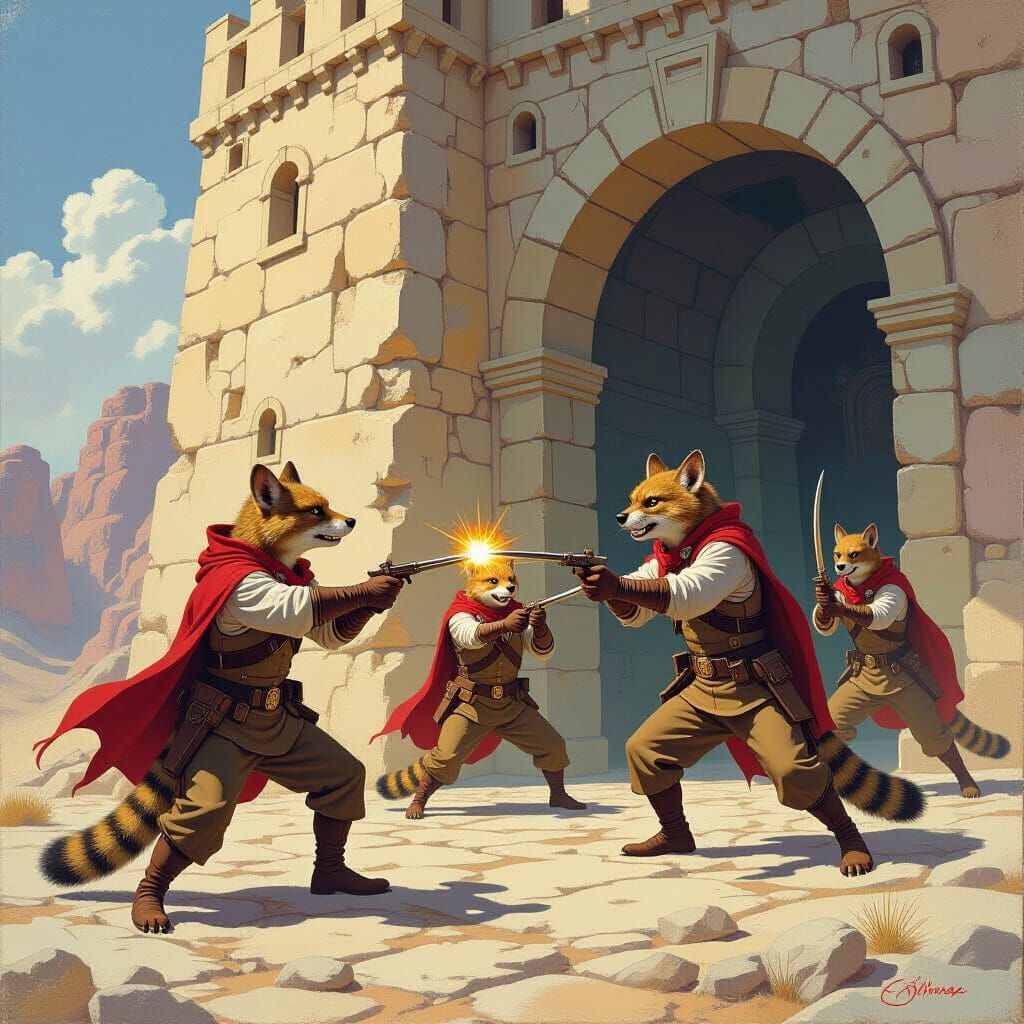 Weasel Thugs Defend Alien Fort: Oil Painting