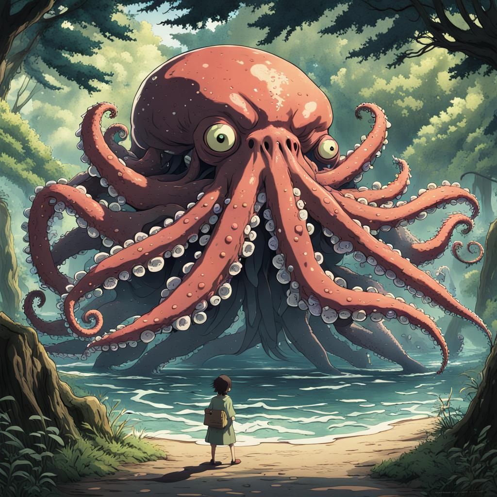 Kraken with Sign in Studio Ghibli Anime Style