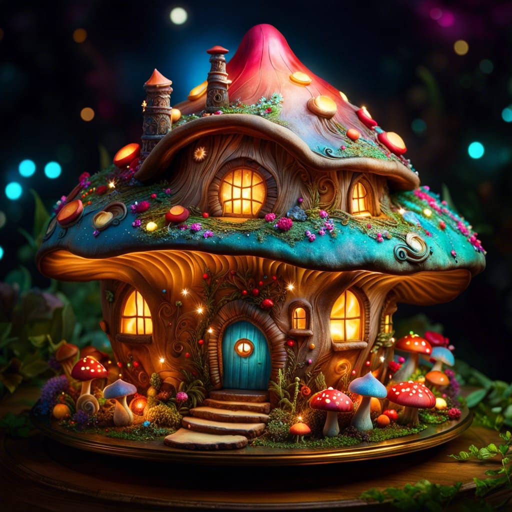 Fantasy Mushroom House Cake: Detailed Borderland Artwork