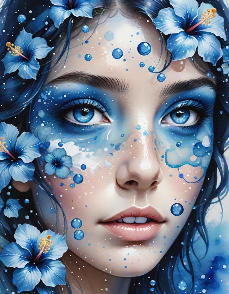 Sapphire Eyes with Blue Hibiscus Flowers in Watercolor