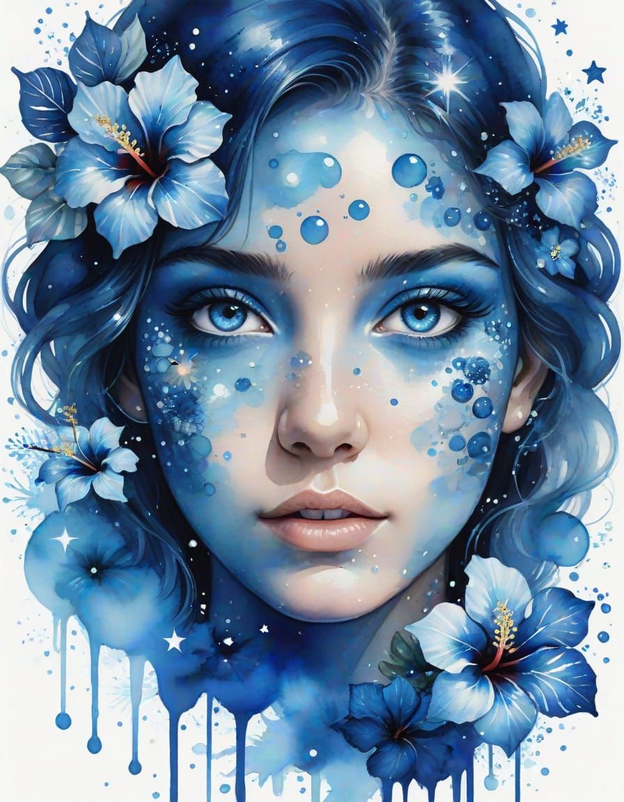 Sapphire Eyes with Bubbles and Stars: Watercolor Art