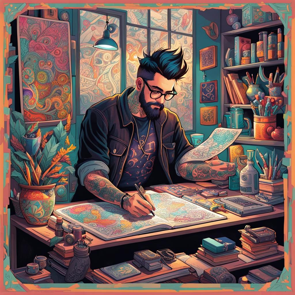 Dopamine Hipster with Colorful Drawings: Digital Illustratio...