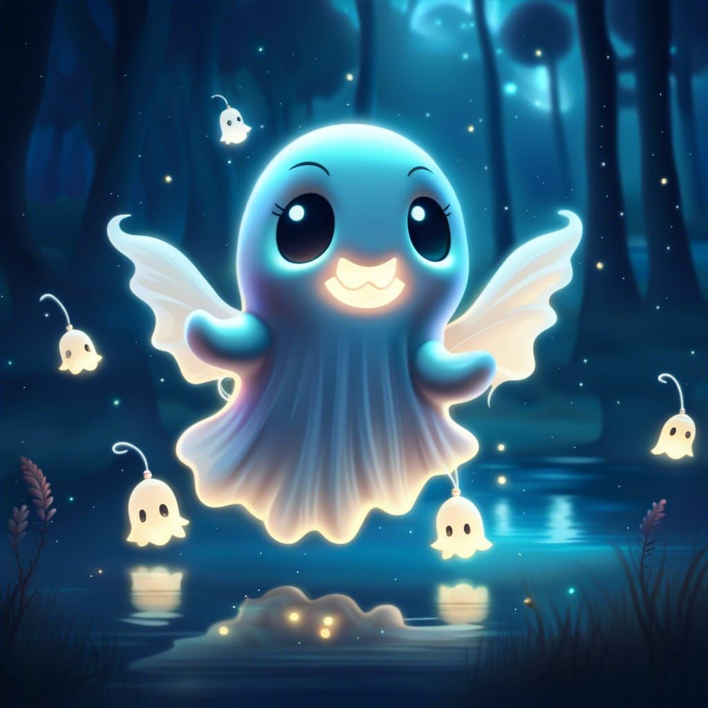 Cute Ghost Dances in Forest Lake at Night