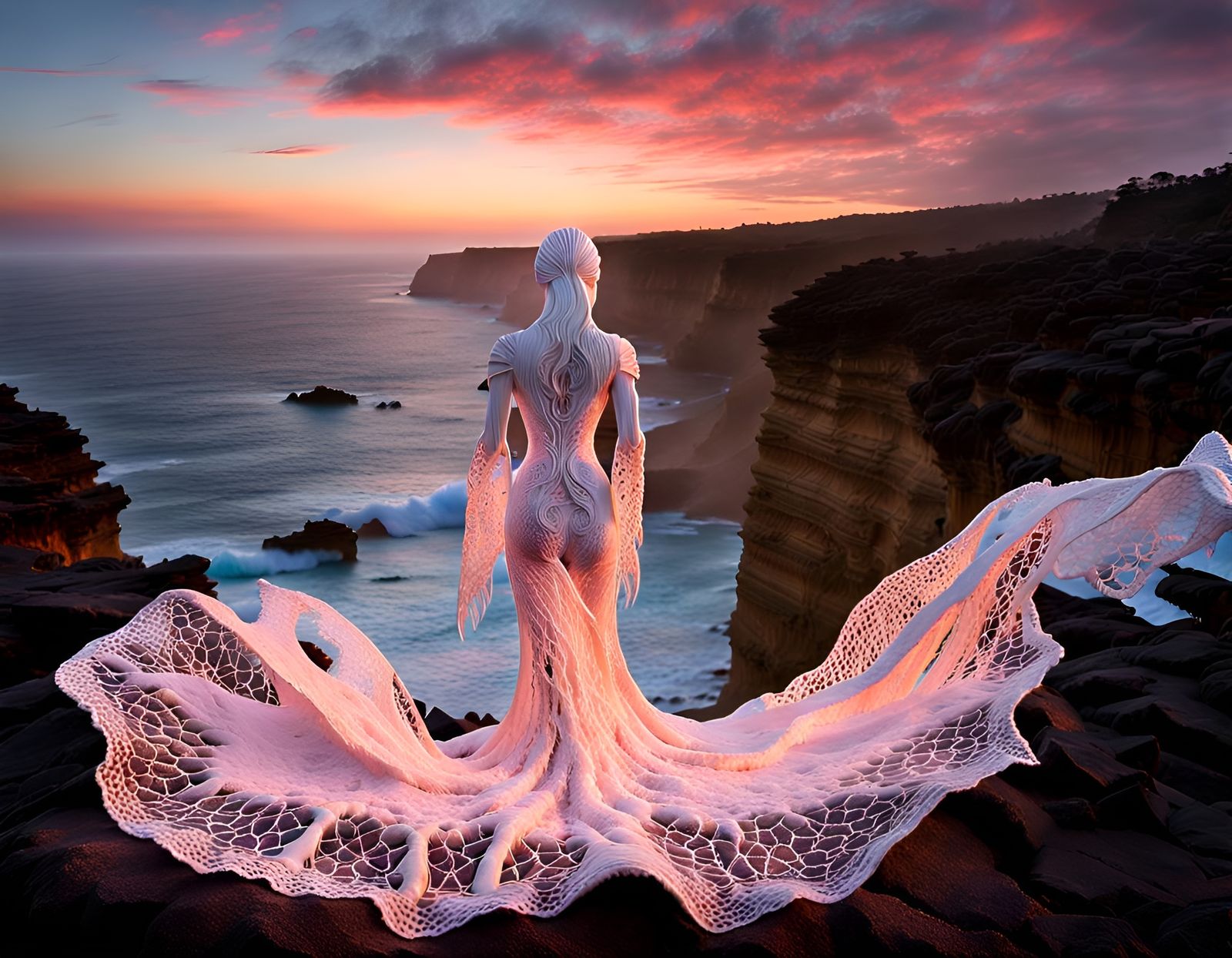 Luminous Wooden Sculptures Overlooking Sea at Sunrise