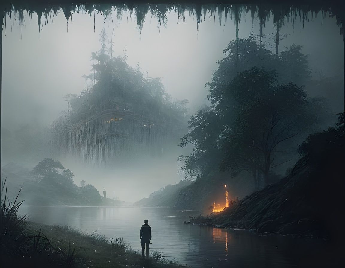 Detailed Illustration of Foliage, Water and Mist