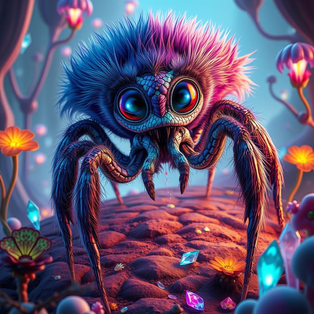 Alien Spider Creature in Bioluminescent Landscape