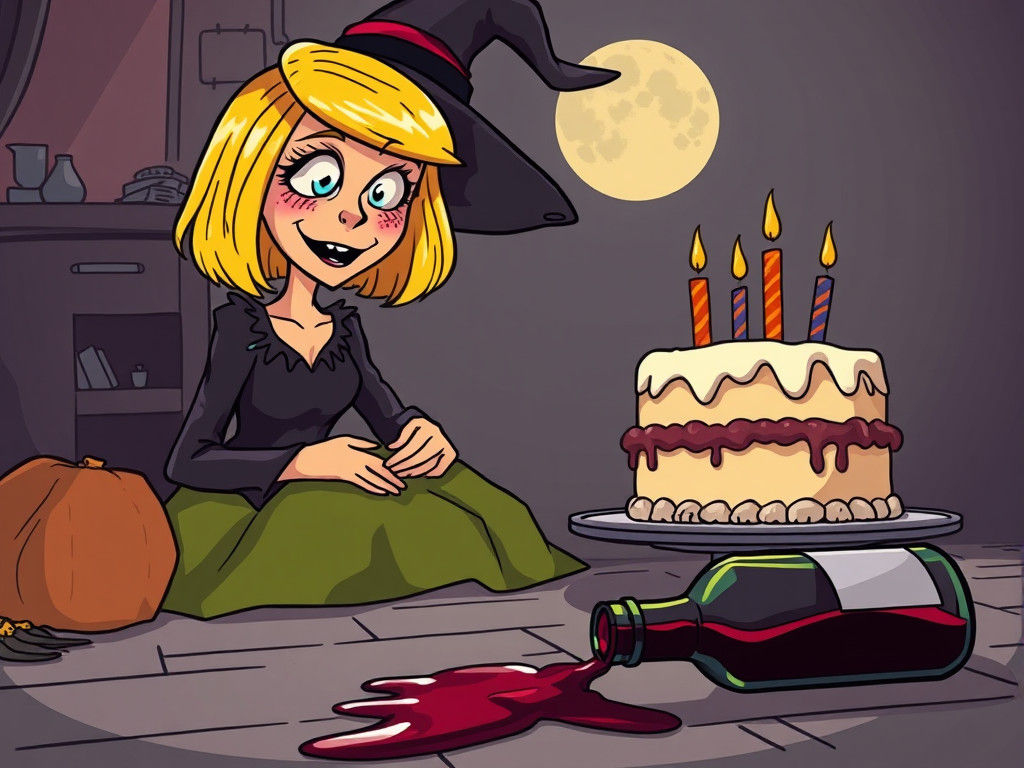 cartoon, a woman witch with blonde bob haircut with spooky birthday cake, in the foreground on the floor lays an open bo...