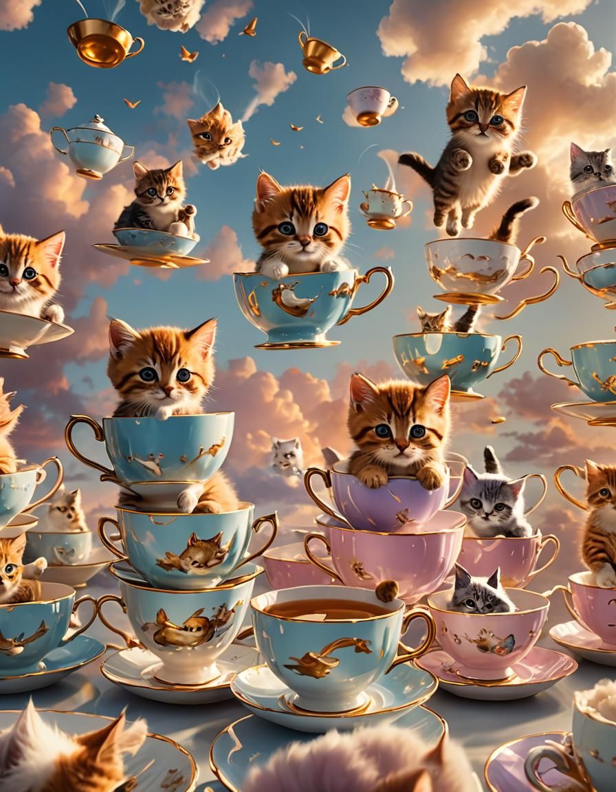 Kittens' Teacup Flight: Hyperrealistic Digital Art