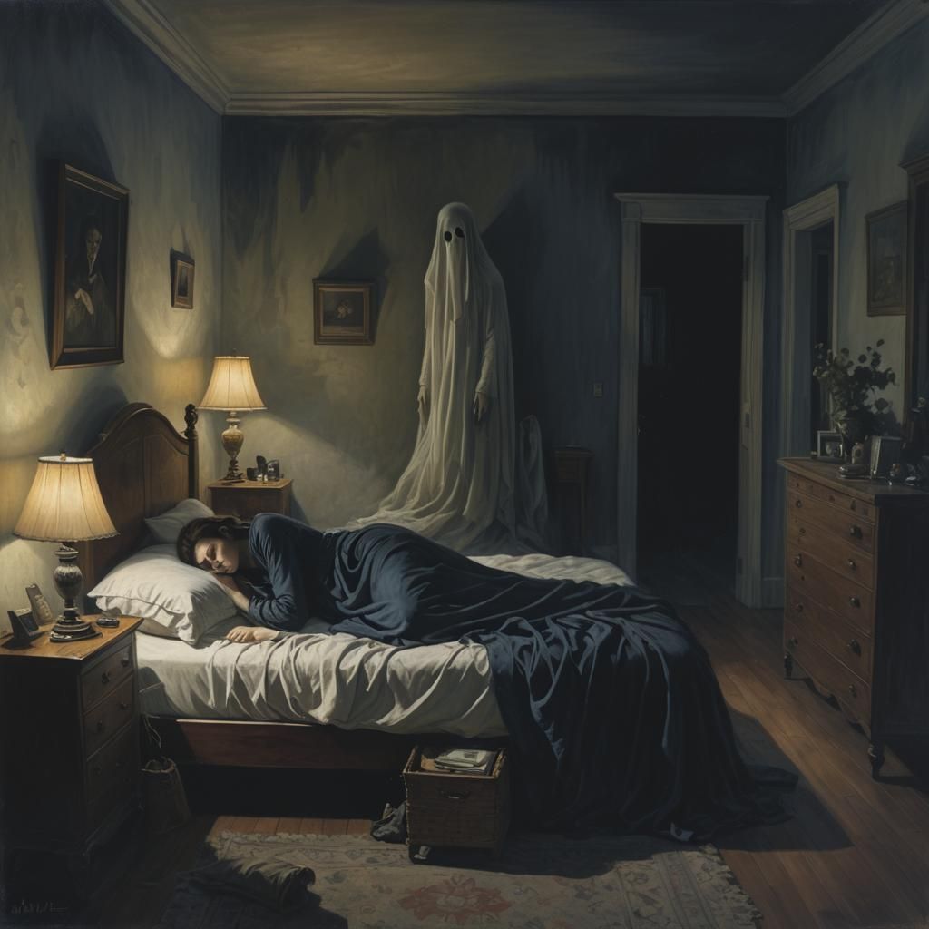 Sinister Ghost in Bedroom, Dark Fantasy Art