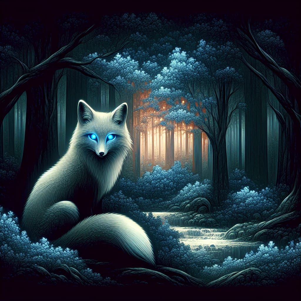 Fox in Shadowy Forest: Japanese Woodblock Print