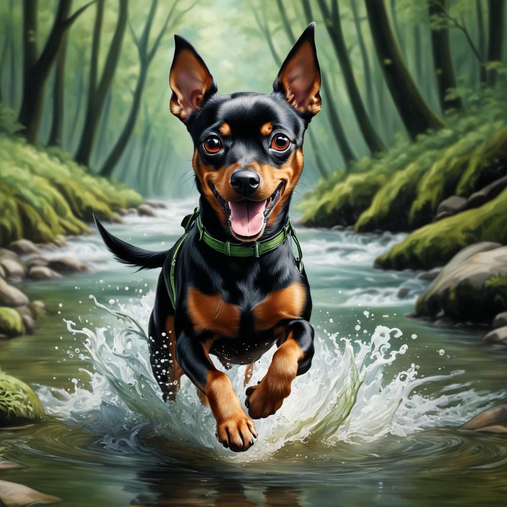 Cute Miniature Pinscher Puppy Running in River