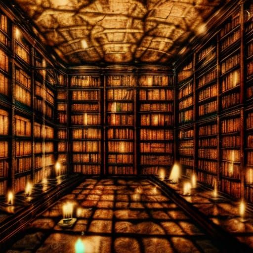 Mysterious Library Bookshelves in Mixed Media Style