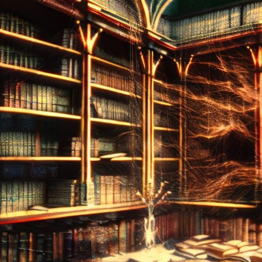 Mysterious Library Bookshelves with Candlelight