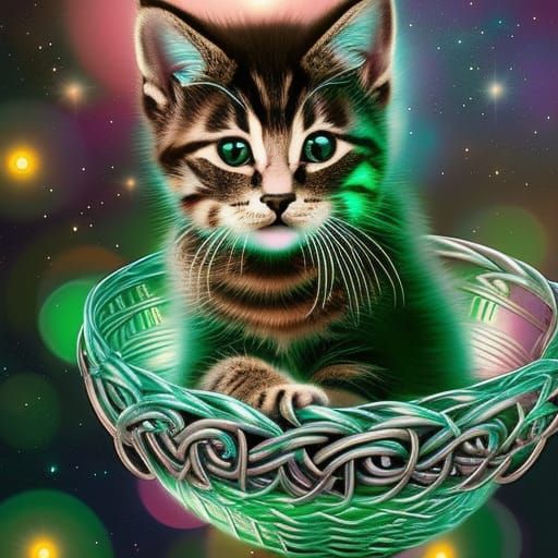 Emerald Kittens in Steampunk Space Basket