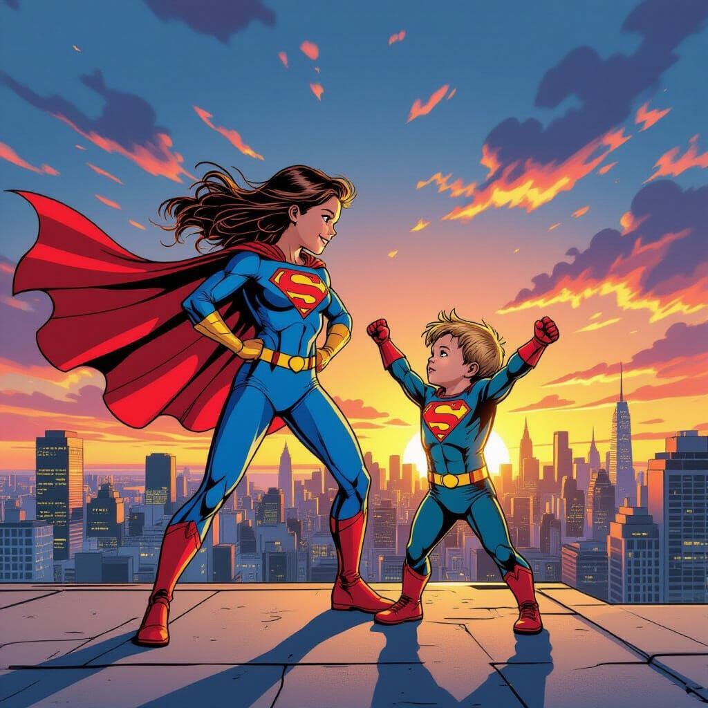 Teenage Girl and Toddler Boy Superheroes on City Rooftop