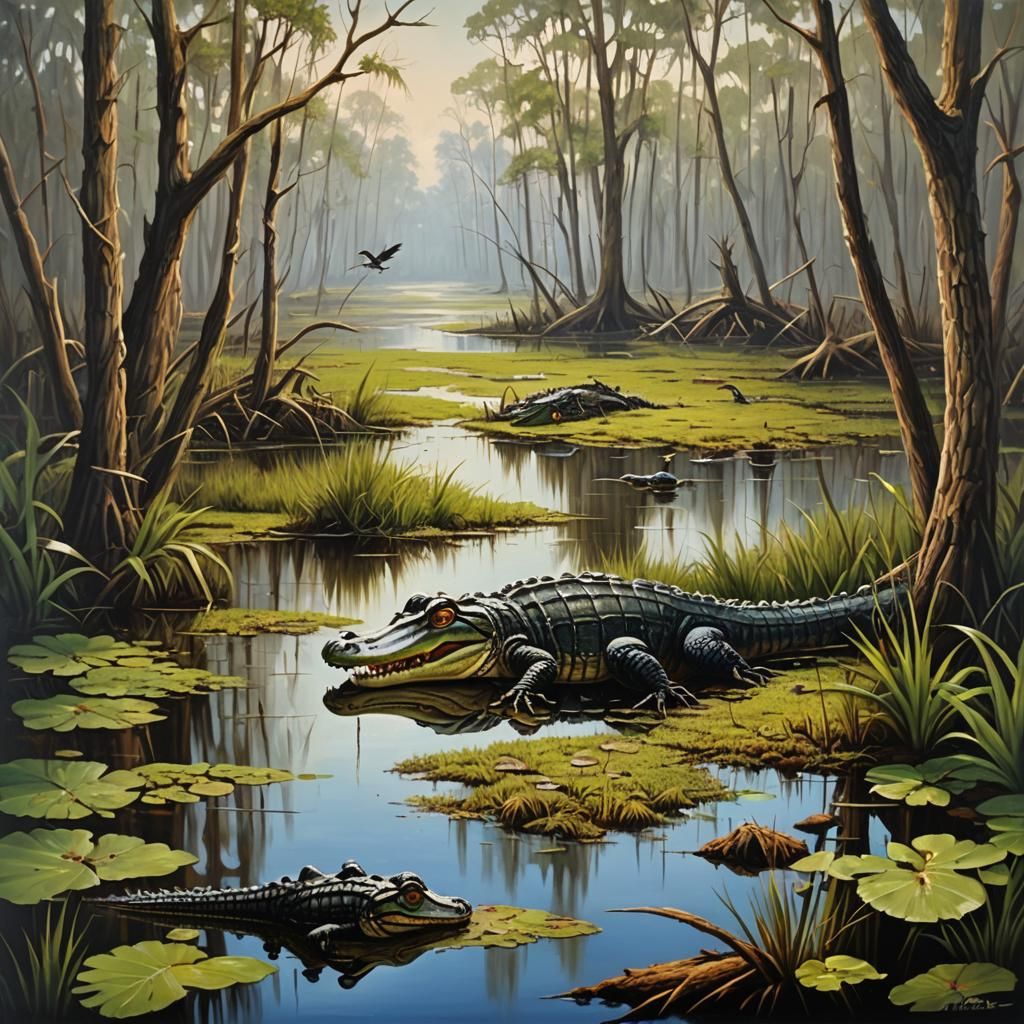 Marsh Alligator in Oil Painting
