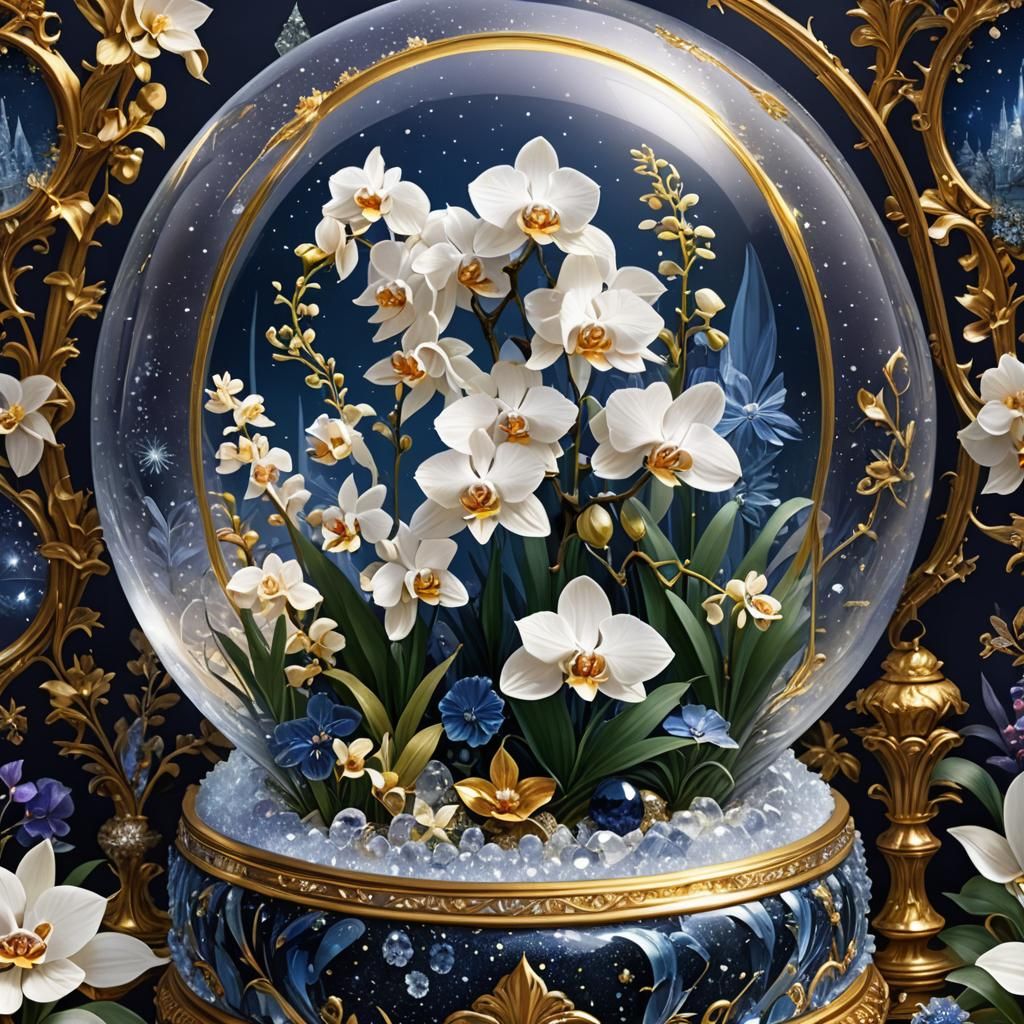 Orchids and Crystals in Exquisite Snowglobe