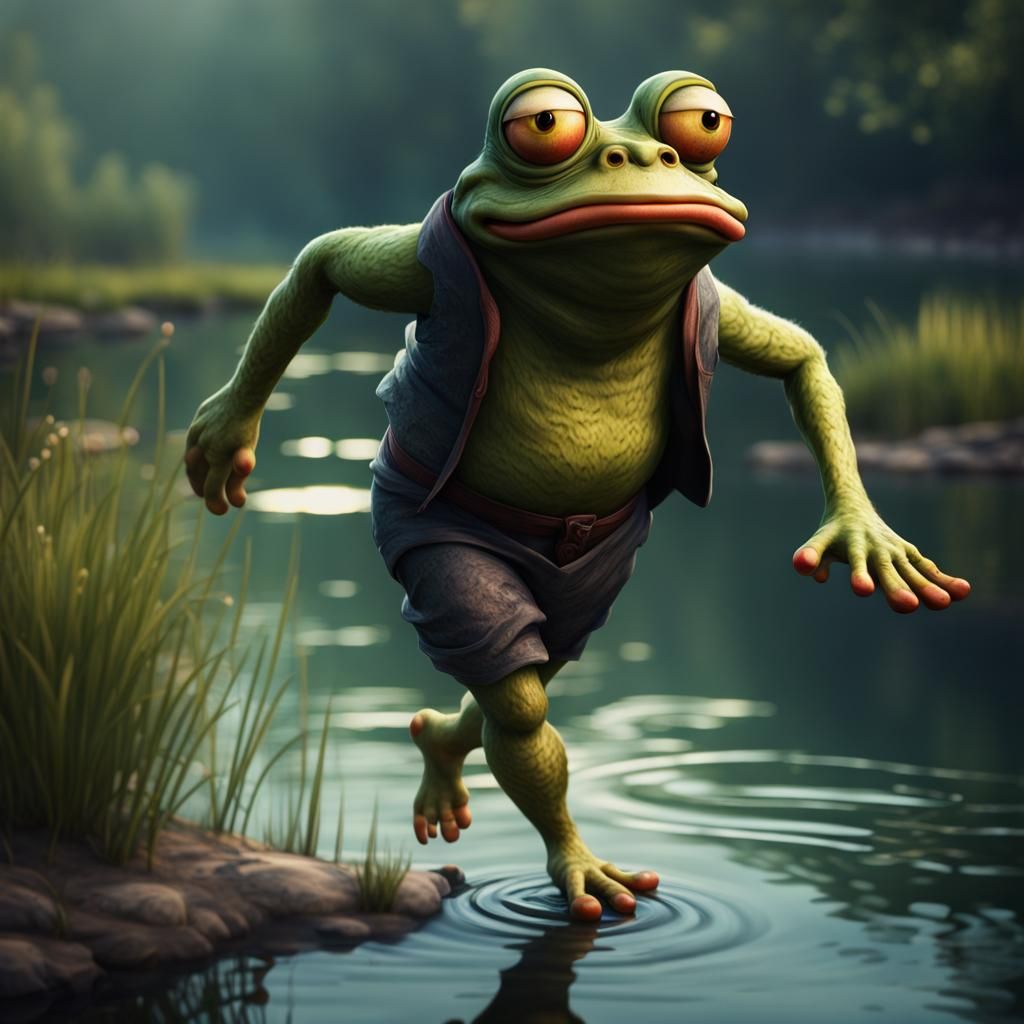 Humorous Frog-Human Hybrid Running by a Pond