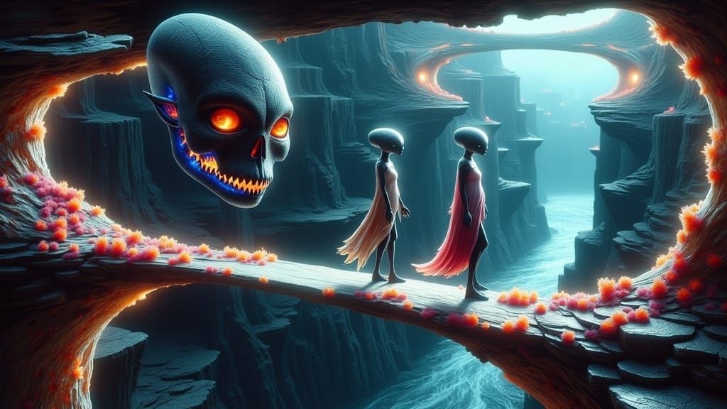 Surreal Alien Encounter Unfolds in a Dreamlike Landscape