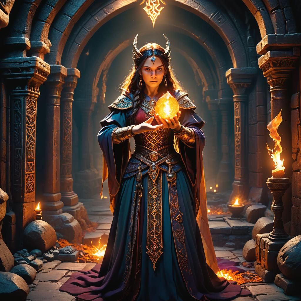 Sorceress with Magical Stone in Brightly Lit Dungeon