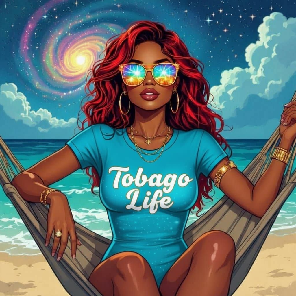 Caribbean Goddess in Cosmic Swimsuit on Tobago Beach