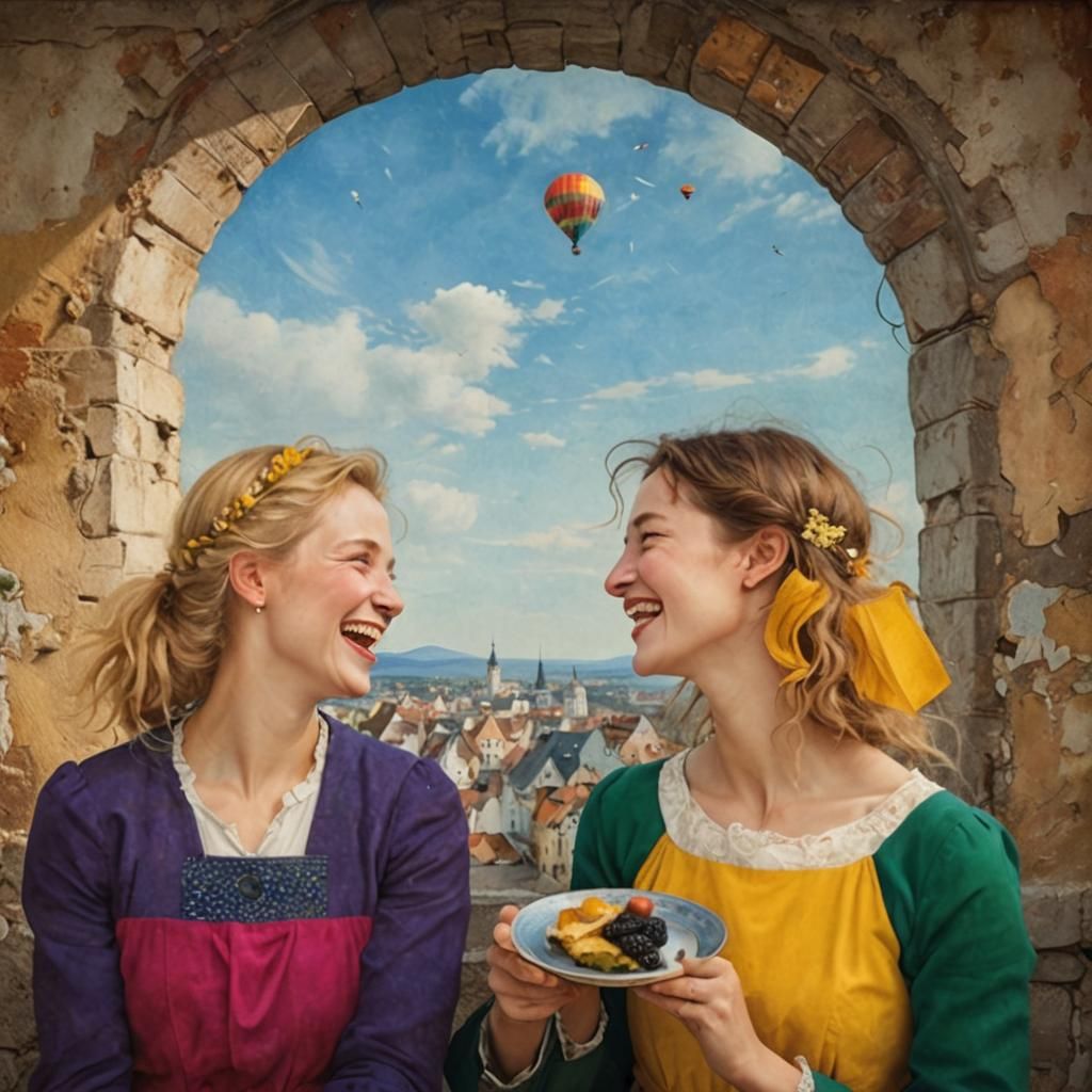 Laughing Sisters: Hyperrealistic Painting with Bright Colors