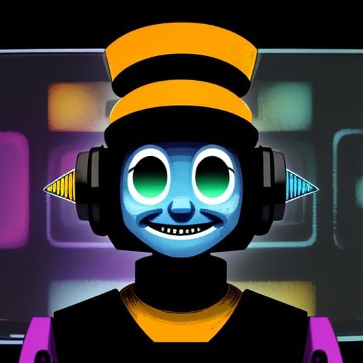 Happy Robot Jester in Retro VHS Twilight Zone Scene