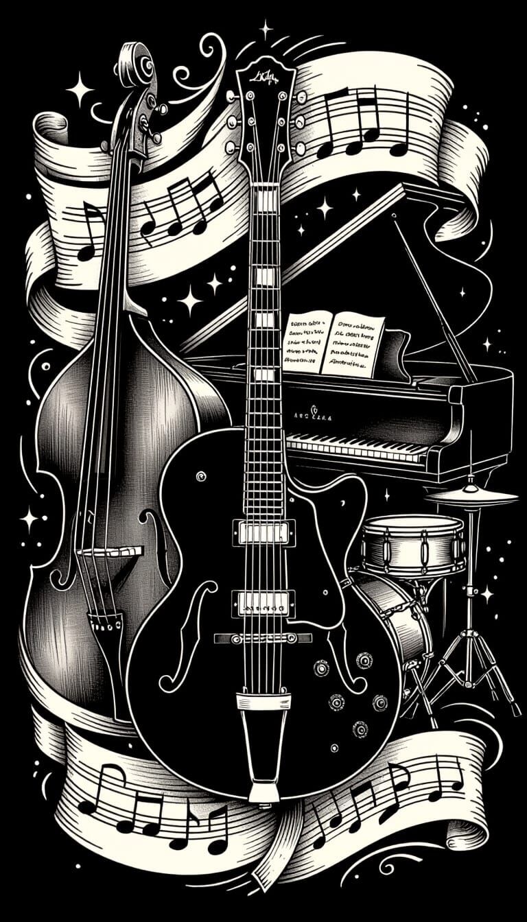 Black and White Jazz Music Tattoo Design