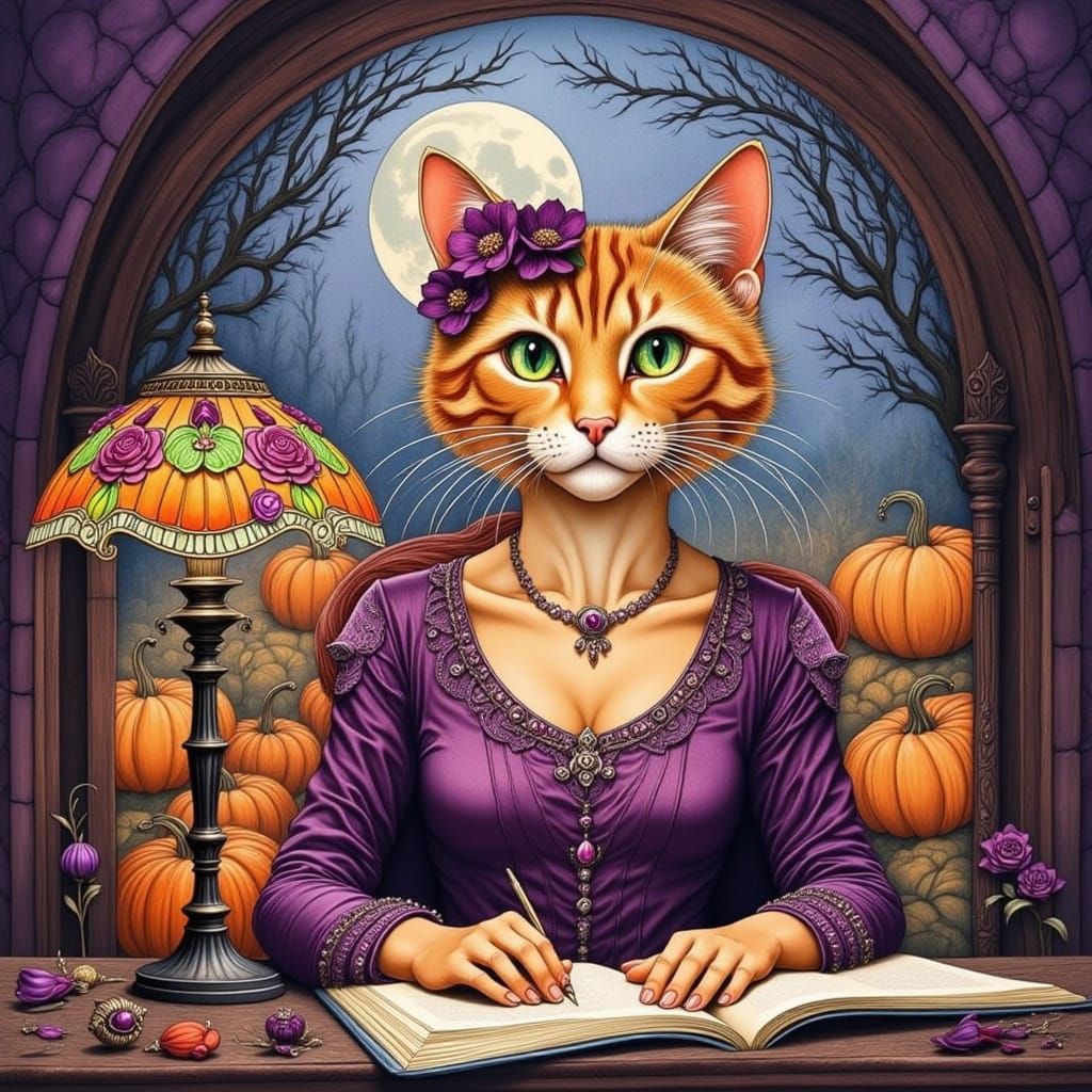 Watercolor Cat-Human Hybrid Writing Book by Moonlight