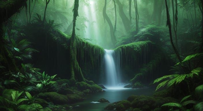 Dense Rainforest Canopy With Hidden Waterfall