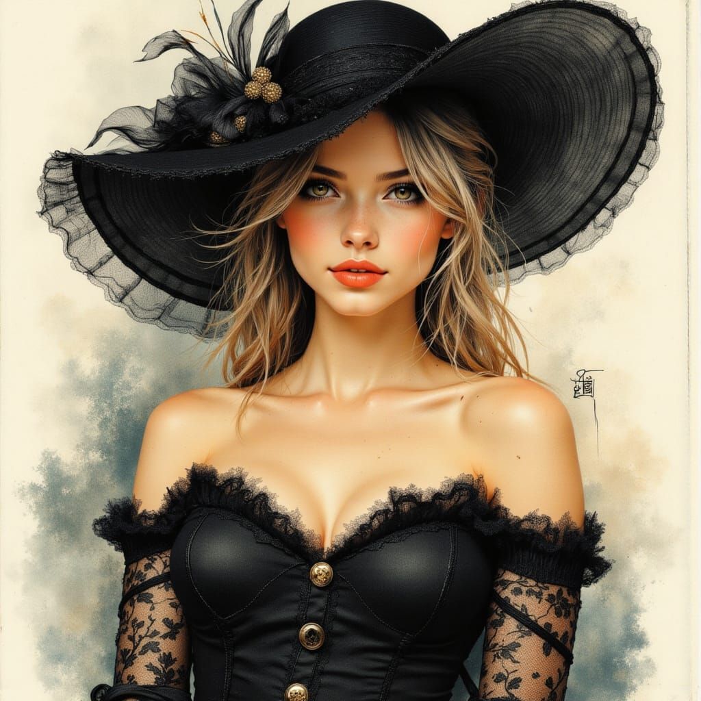 Elegant Woman in Black Dress, Hyper-Realistic Digital Art