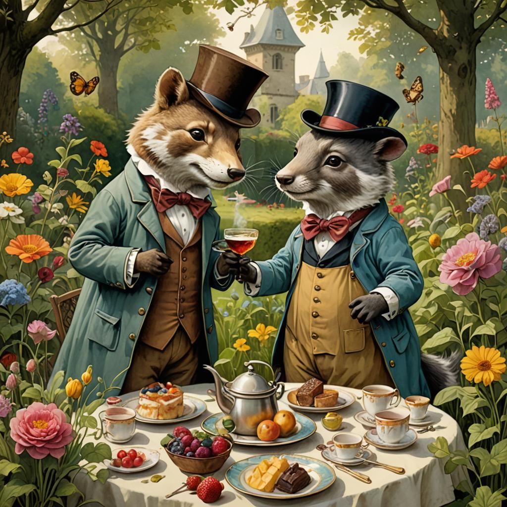 Whimsical Garden Party Illustration in Cartoon Style