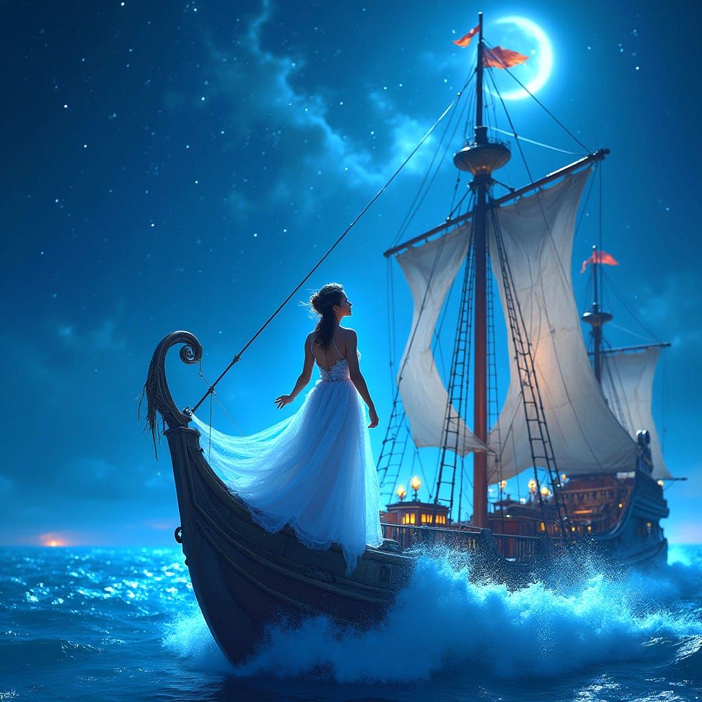 Ocean Ship with Midnight Lighting in Fantasy Art