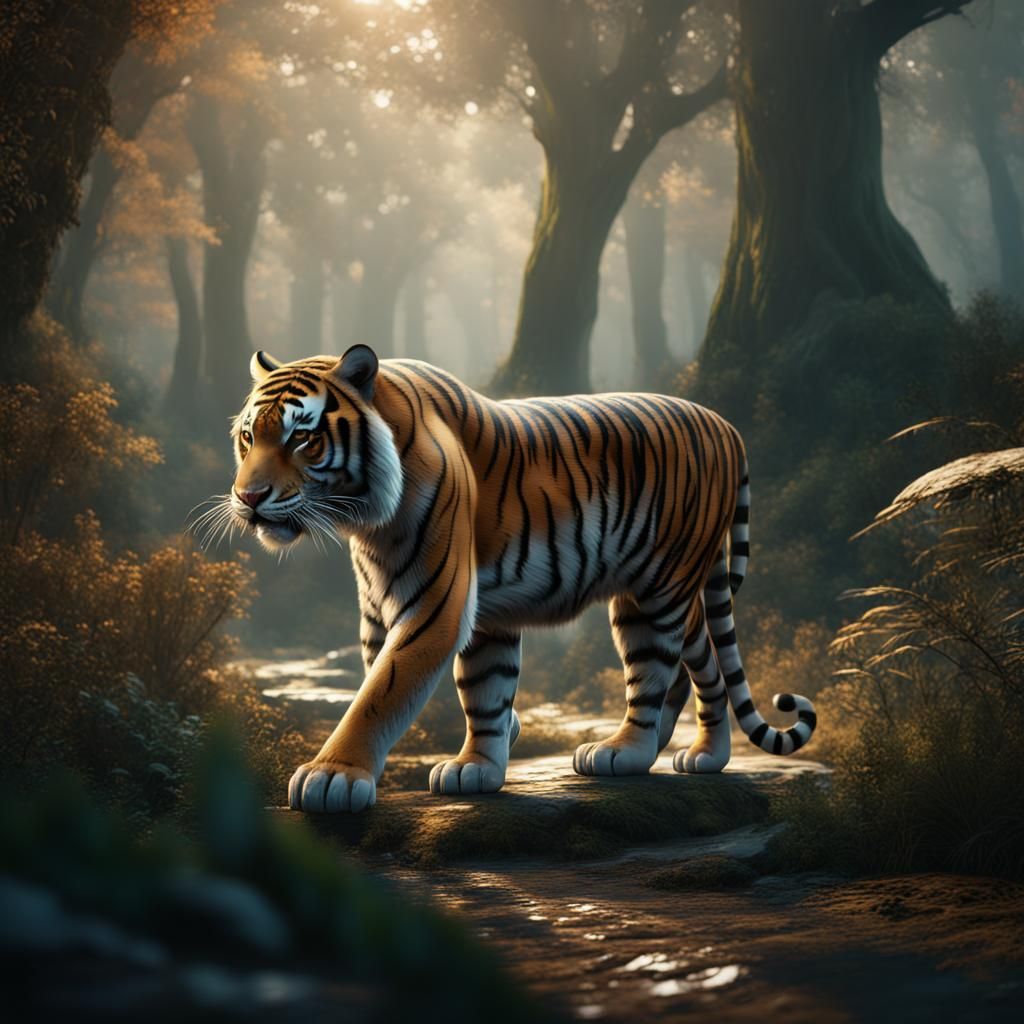 Elegant Tiger Walking Through a Fantastical Forest
