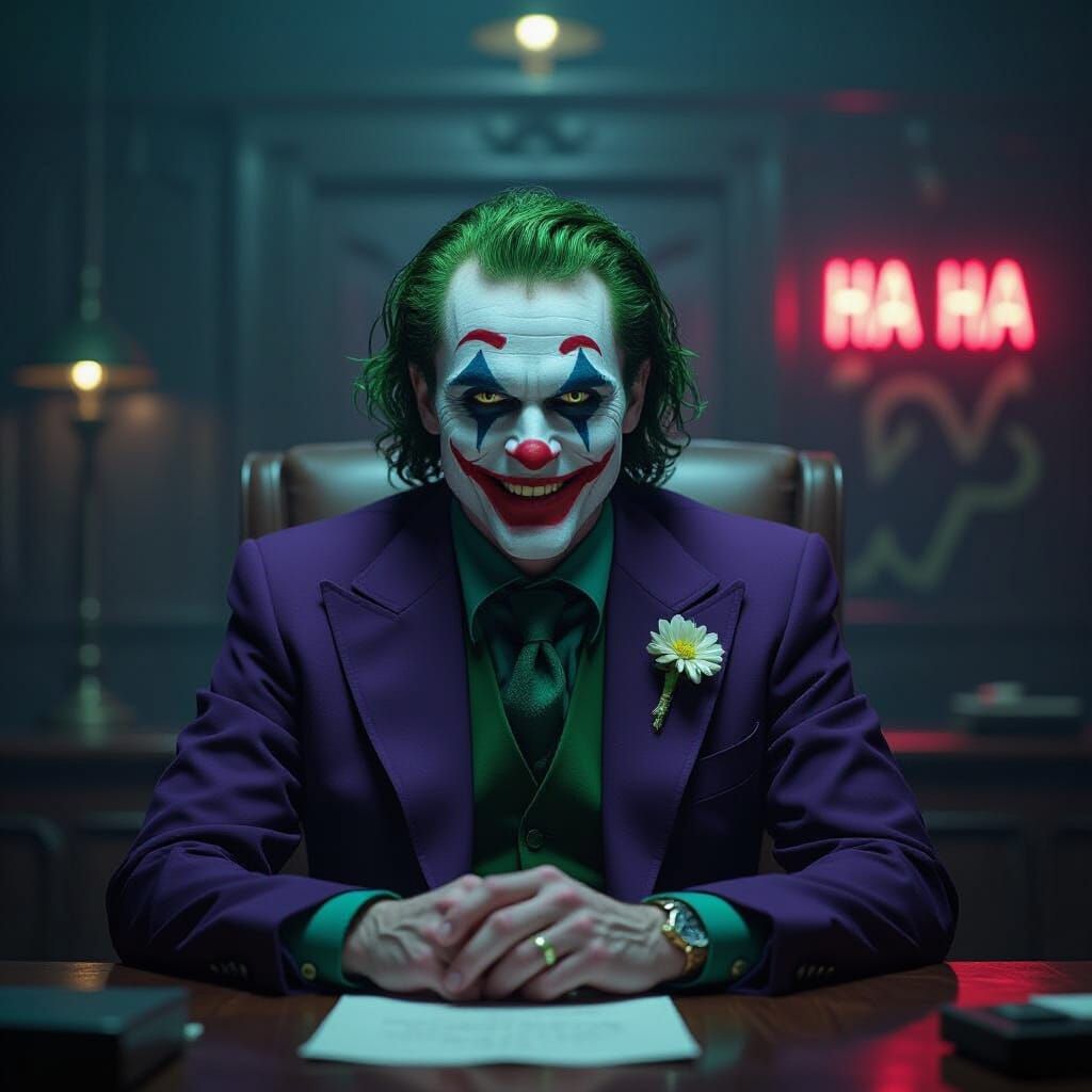 Joker as Chaotic Executive in Gothic Boardroom