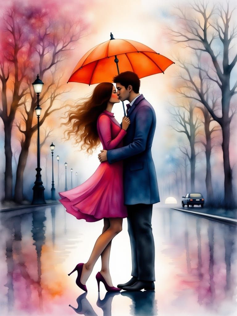 Impressionist Watercolor of Couple Kissing Under Orange Umbr...