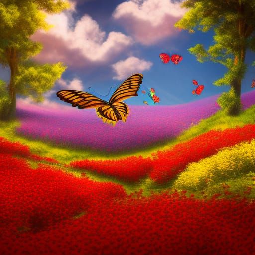 Butterfly Flight Over Lush Flower Field, Hyperdetailed Art