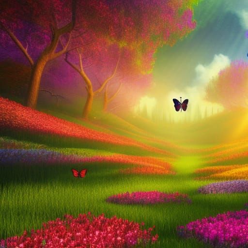 Magical Butterflies Over Lush Flower Field