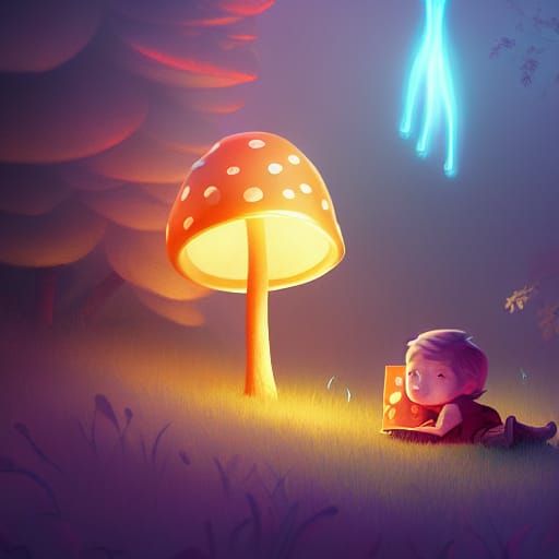 Boy Under Magic Mushroom Nightlight, Digital Illustration