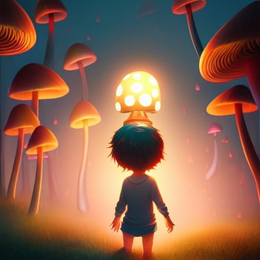 Boy Under Mushroom Nightlight, Digital Illustration
