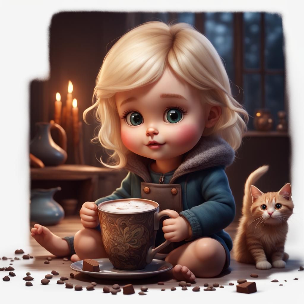 Cute Toddler with Cat, Detailed Digital Art