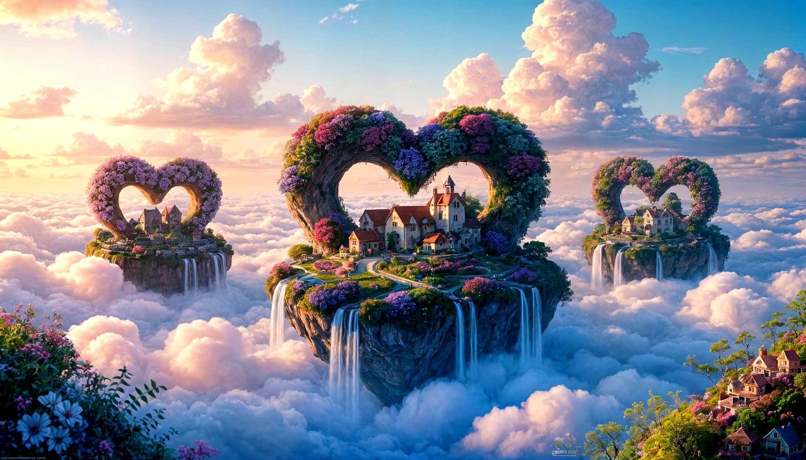 Floating Heart Islands in Pastel Sky
