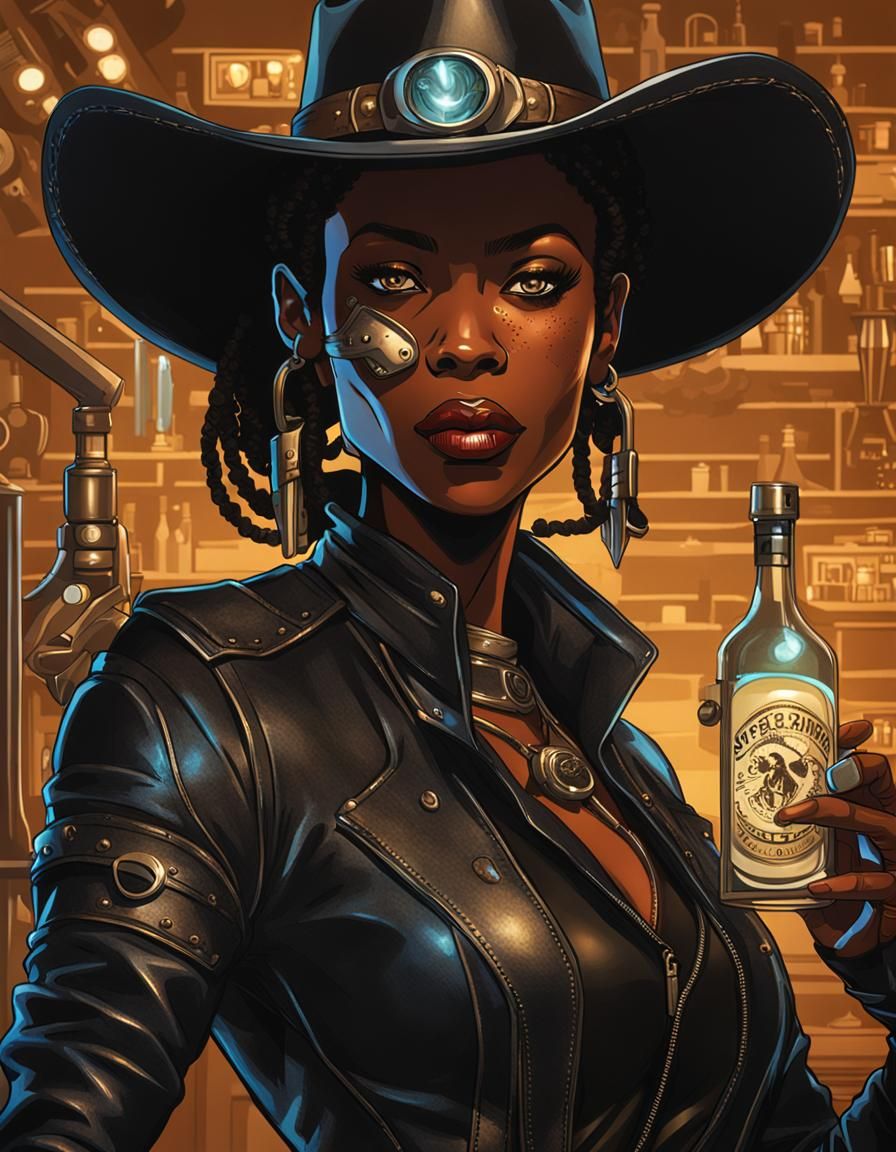 Cyborg Bartender in Leather and Stetson