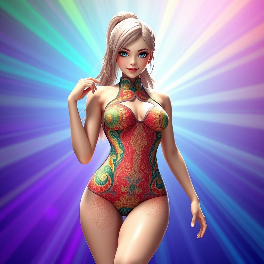 Heroic Anime Woman in Vibrant One-Piece Bathing Suit