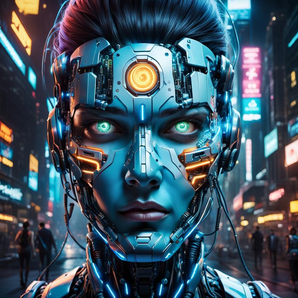 Cyberpunk Cyborg Woman in Neon Metropolis