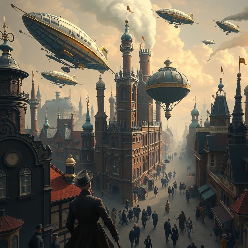 Bustling Tartarian City with Steampunk Airships