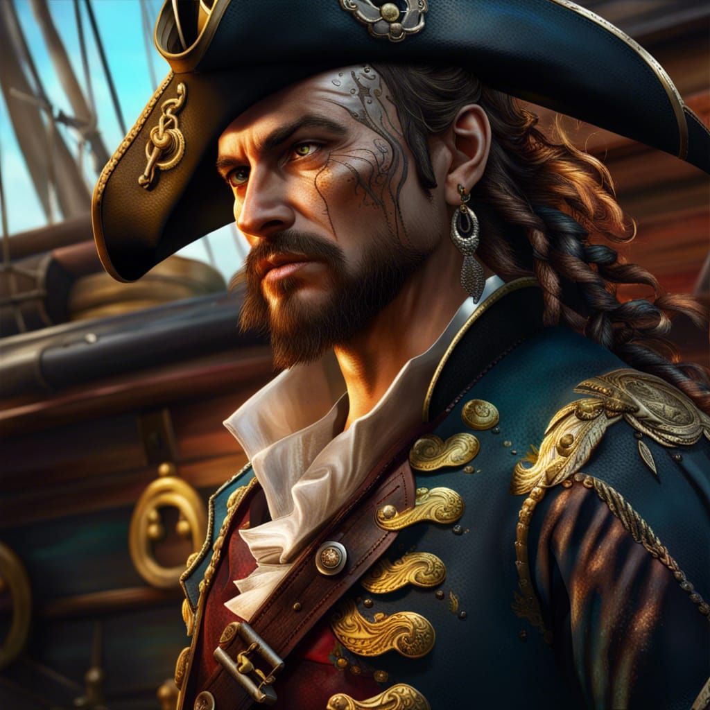 Handsome Pirate on Deck in Hyperrealistic Style