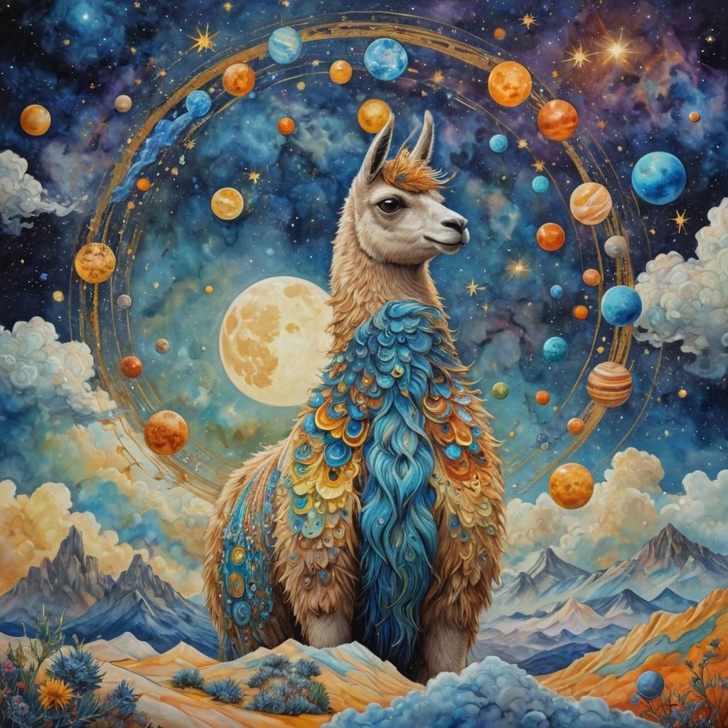 Llama and Bird Under Starry Sky in Surrealist Style